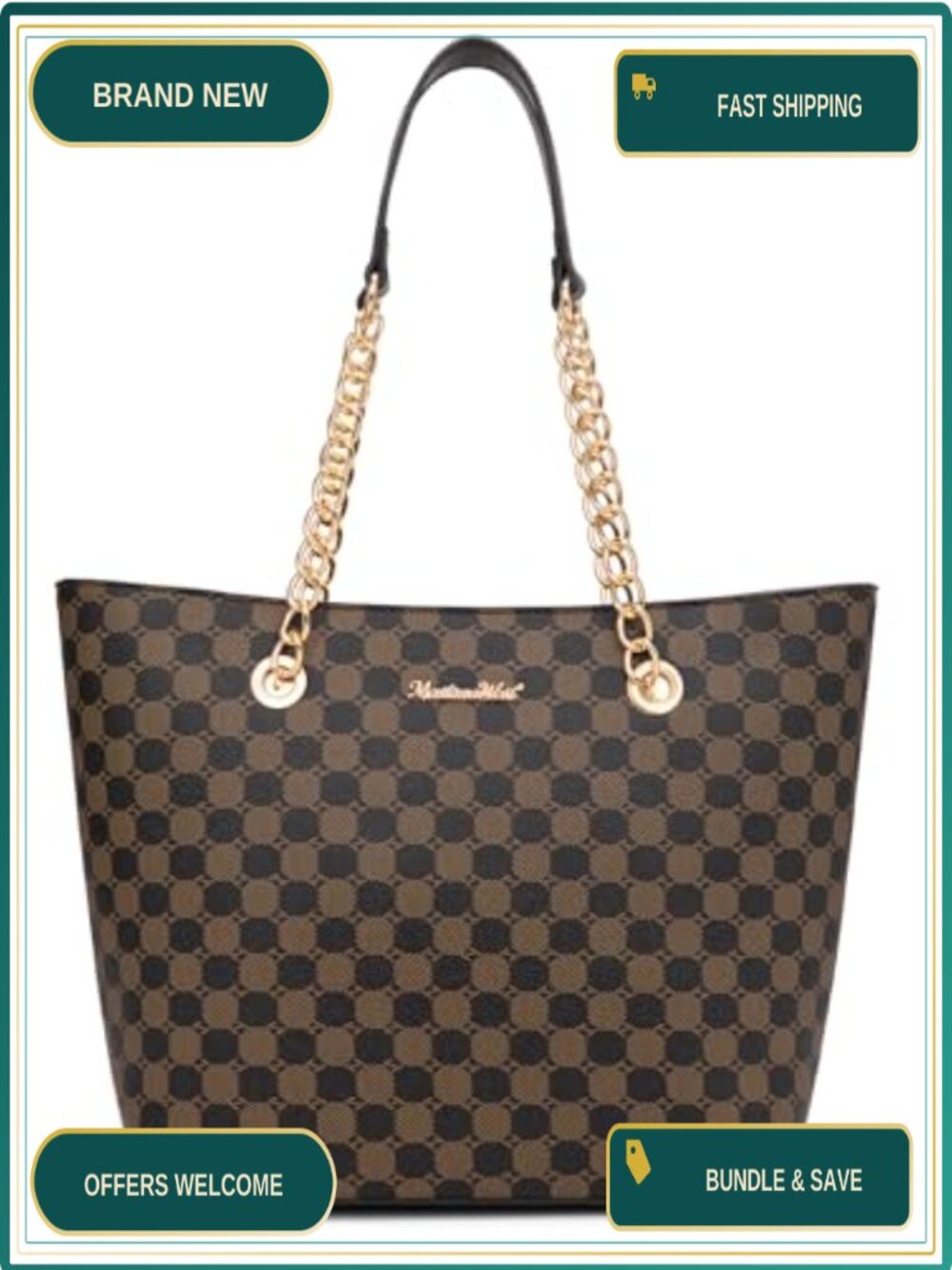 PU Leather Satchel Tote Bag Chain Handle Vegan Purse Large Capacity